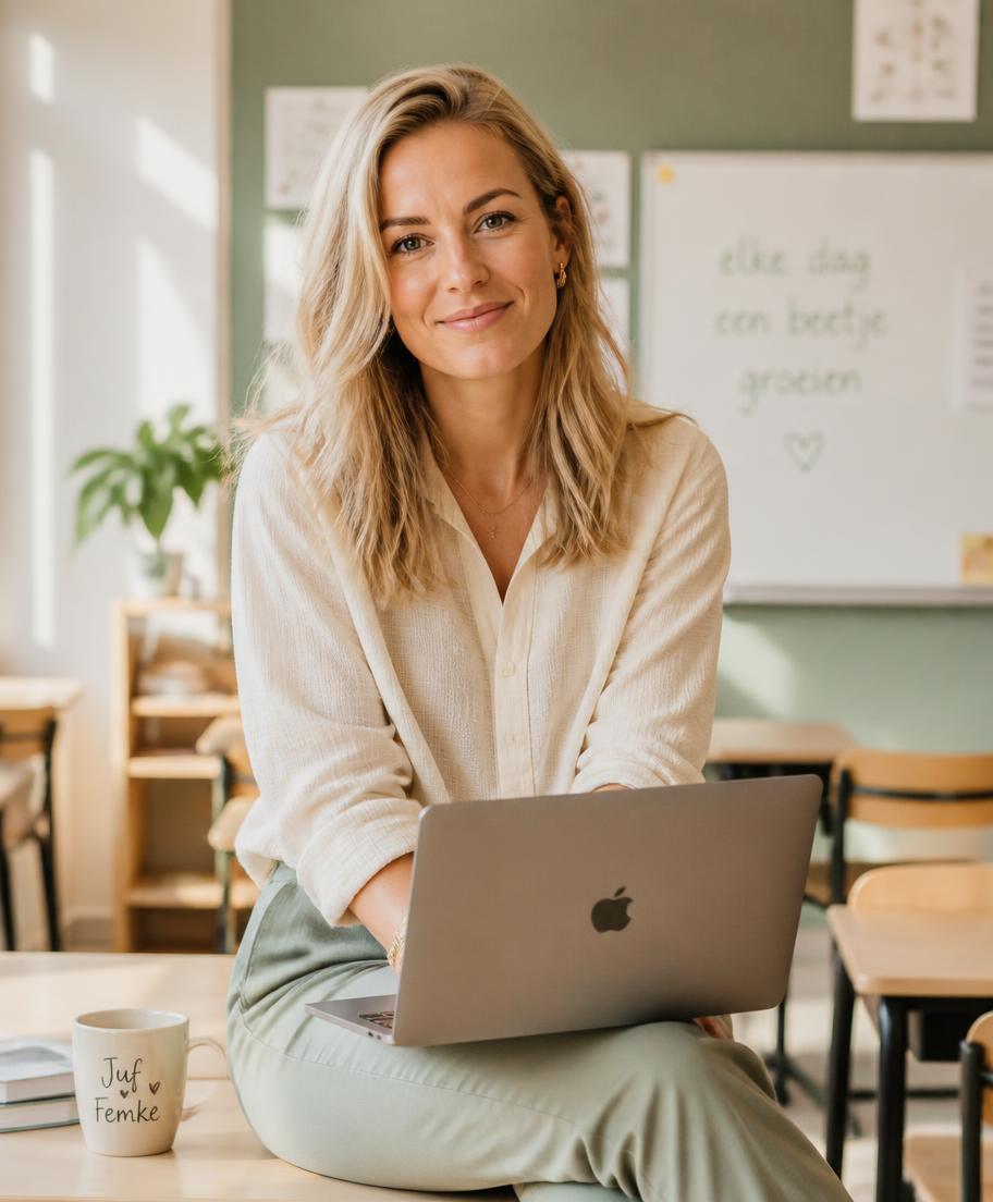 Femke, leerkracht en maker van het ebook, met haar laptop in de klas